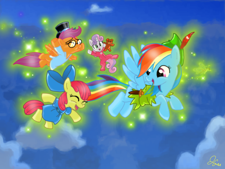 apple_bloom_(mlp) blue_feathers clothing cutie_mark cutie_mark_crusaders_(mlp) disney earth_pony equine eyewear feathered_wings feathers female feral flying friendship_is_magic glasses green_eyes group hair hat horn horse mammal multicolored_hair my_little_pony night pegasus peter_pan pony purple_hair rainbow_dash_(mlp) rainbow_hair red_hair scootaloo_(mlp) spicy-demon_(artist) sweetie_belle_(mlp) two_tone_hair unicorn wendy_darling wings young