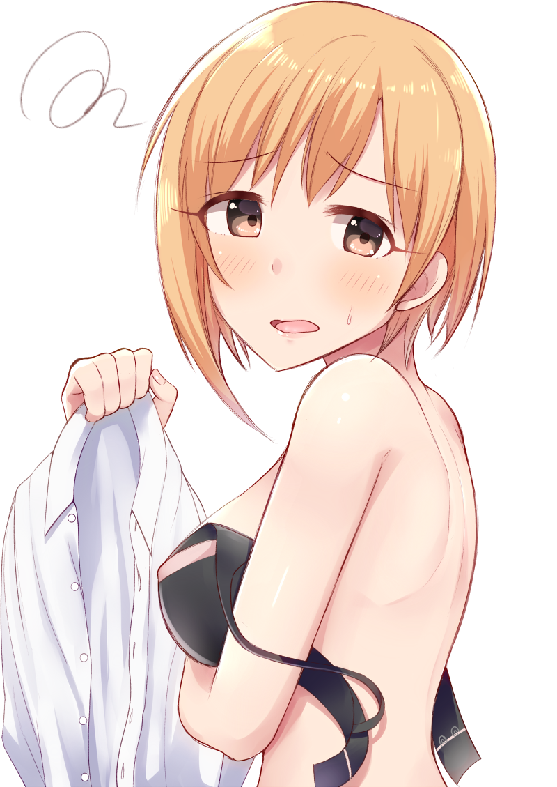 aiba_yumi asymmetrical_hair bangs bare_shoulders black_bra blonde_hair blush bra bra_removed brown_eyes dress_shirt h3po4_chiba idolmaster idolmaster_cinderella_girls looking_at_viewer looking_to_the_side off_shoulder parted_lips shirt shirt_removed short_hair simple_background solo squiggle strap_slip sweatdrop underwear white_background