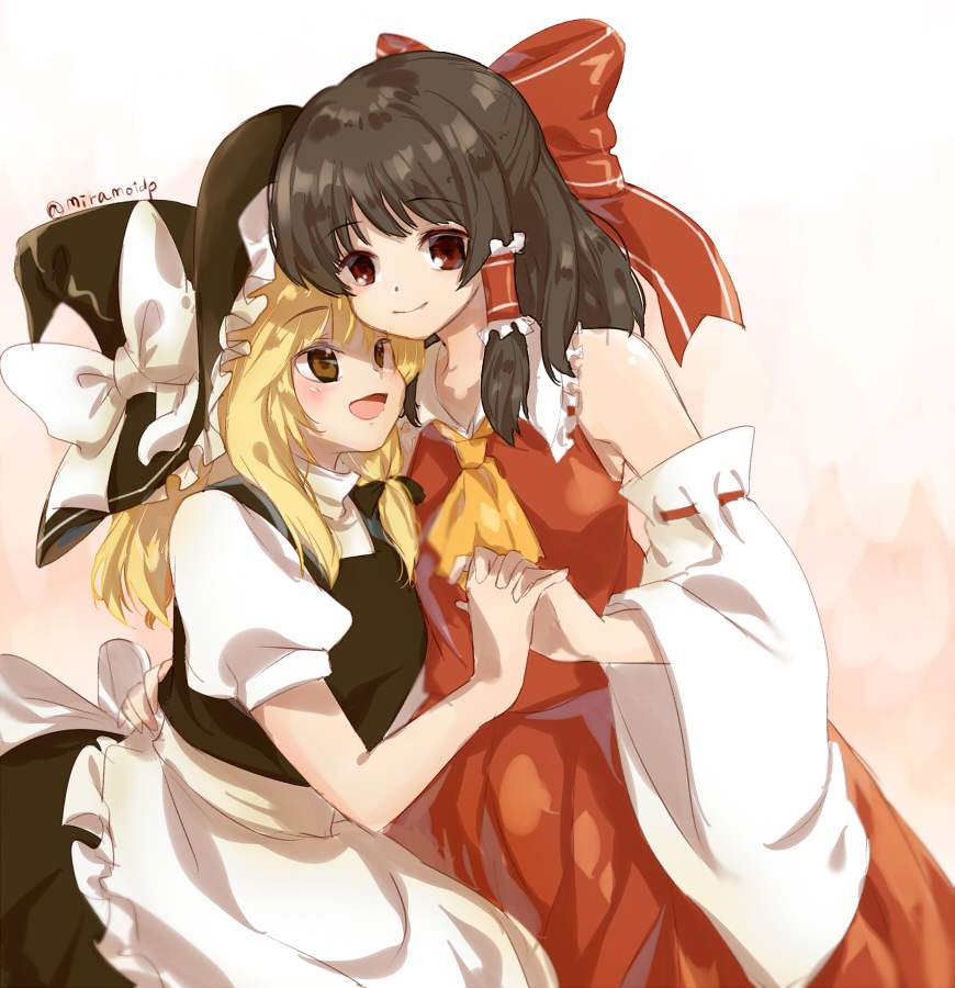 :d apron ascot bangs bare_shoulders black_hair blonde_hair blush bow breasts brown_eyes cheek-to-cheek commentary detached_sleeves hair_bow hair_ribbon hair_tubes hakurei_reimu hand_on_another's_back hat hat_bow hat_ribbon height_difference holding_hands hug interlocked_fingers kirisame_marisa large_bow long_hair long_skirt looking_at_viewer medium_breasts multiple_girls open_mouth puffy_short_sleeves puffy_sleeves red_eyes ribbon short_sleeves skirt skirt_set smile tachiuo_(arines) touhou tress_ribbon twitter_username vest waist_apron white_bow witch_hat yuri