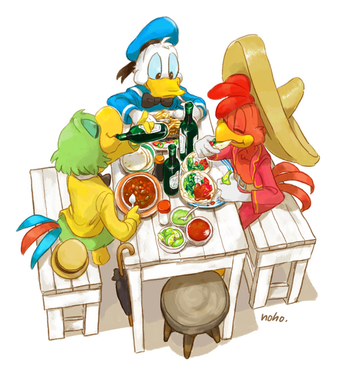 avian bird disney donald_duck drinking duck eating feathers green_feathers hat jos&eacute;_carioca noho panchito_pistoles parrot sombrero white_feathers