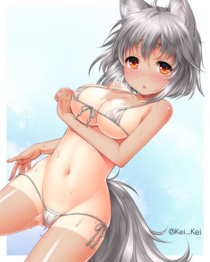 :o animal_ears bikini blush breast_hold breasts cameltoe cleavage collarbone commentary_request covered_nipples eyebrows front-tie_bikini front-tie_top grey_hair halterneck hat inubashiri_momiji kei_kei large_breasts looking_at_viewer lowleg lowleg_bikini micro_bikini navel one-piece_tan pussy_juice red_eyes shiny shiny_skin short_hair side-tie_bikini silver_hair solo strap_gap swimsuit tail tan tanline tokin_hat touhou twitter_username wet white_bikini wolf_ears wolf_tail