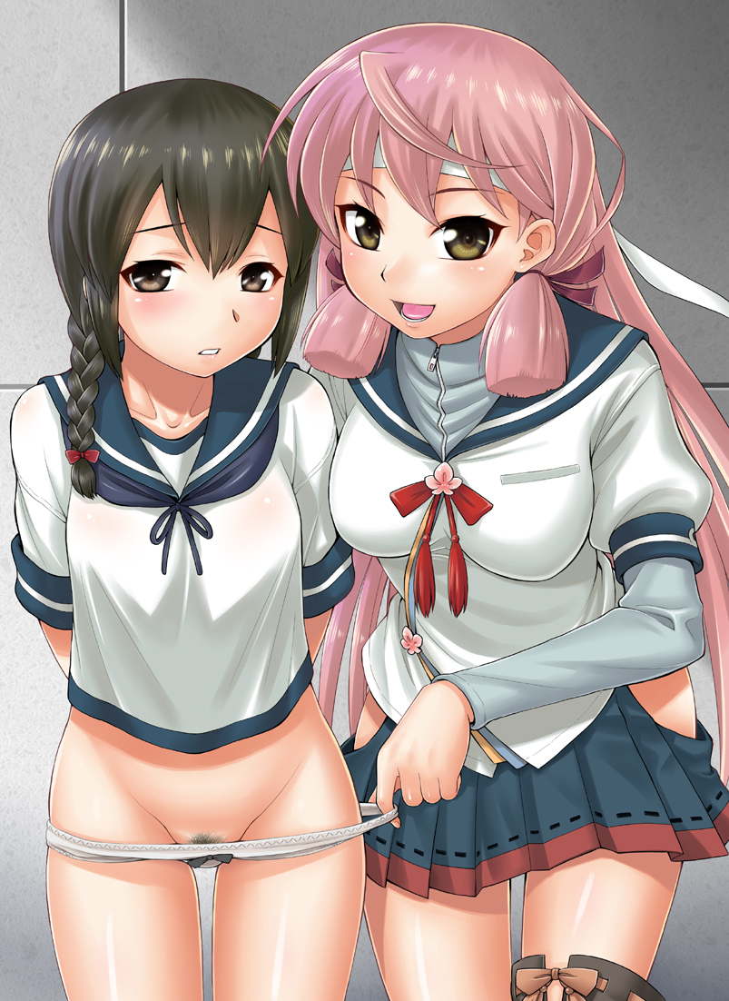 akashi_(kantai_collection) assisted_exposure bandana black_eyes black_hair blue_skirt blush braid breasts brown_eyes commentary_request ebifly embarrassed green_eyes hair_between_eyes hair_ribbon hip_vent isonami_(kantai_collection) kantai_collection long_hair long_sleeves looking_at_viewer medium_breasts military military_uniform multiple_girls naval_uniform no_pants open_mouth panties panty_pull pink_hair pleated_skirt pubic_hair pulled_by_another ribbon school_uniform serafuku short_hair skirt thighhighs tress_ribbon underwear undressing uniform white_panties
