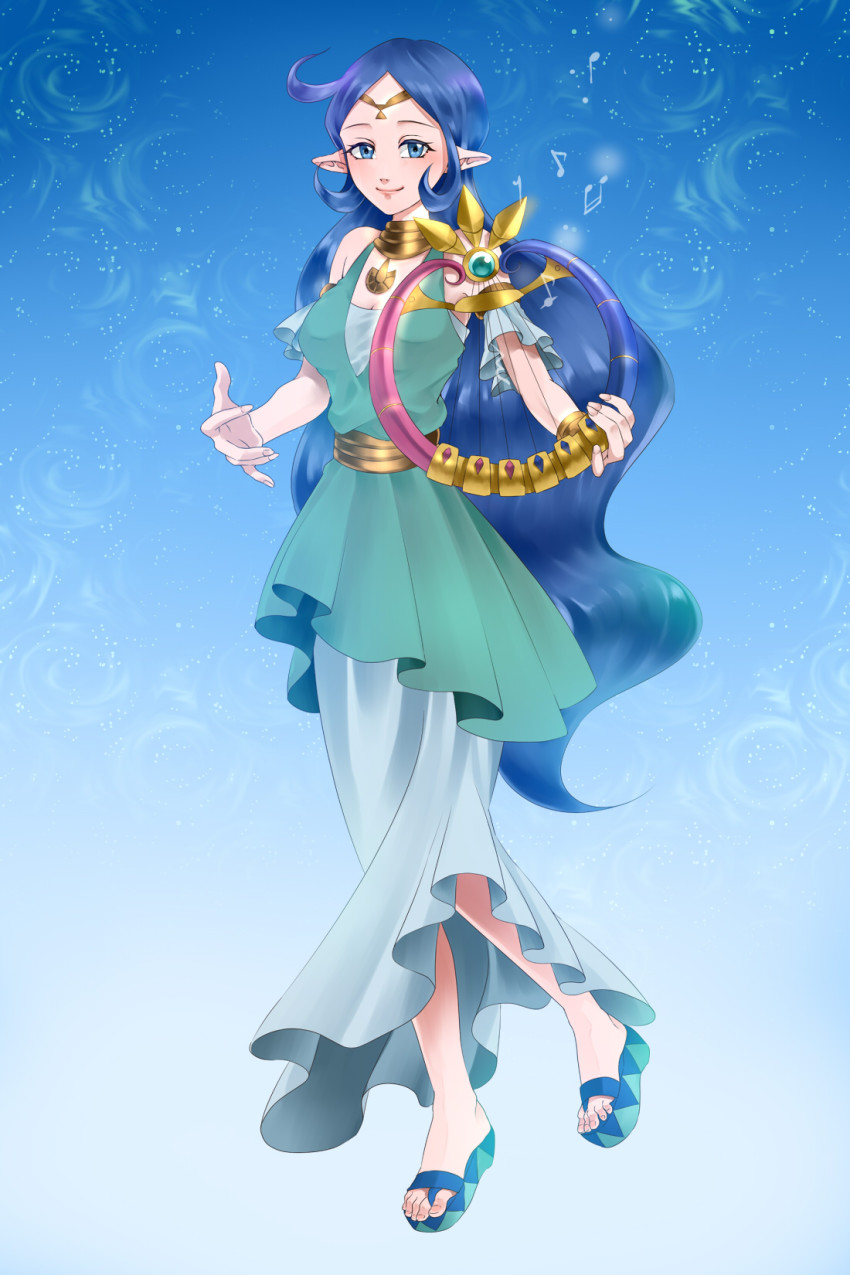 1girl blue_eyes blue_hair bracelets dress feet instrument jewelry long_hair nayru pointy_ears sandals smile solo the_legend_of_zelda tiara toes