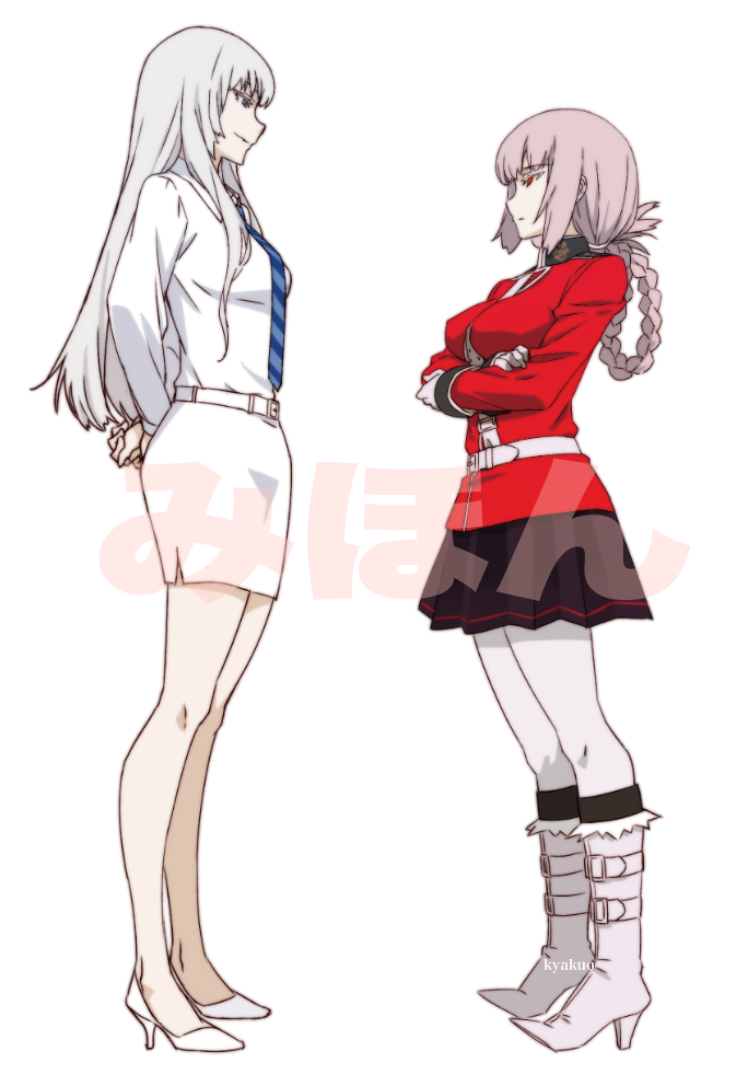arms_behind_back blue_eyes braid coat commentary_request creator_connection crossed_arms fate/grand_order fate_(series) florence_nightingale_(fate/grand_order) high_heels jormungand koko_hekmatyar kyakuo_(saru_to_realist) miniskirt multiple_girls necktie pantyhose pink_hair red_coat red_eyes sample skirt translated white_hair white_legwear