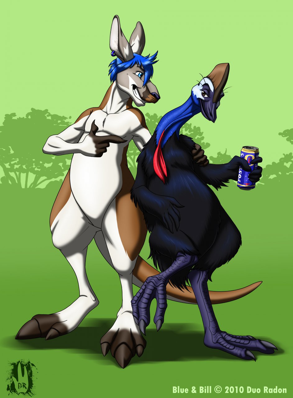 2010 3_toes 5_fingers alcohol ambiguous_gender anthro arm_grab athletic avian beak beer belly beverage beverage_can bird black_feathers black_nose blue_eyes blue_hair blue_skin brown_eyes brown_fur cassowary claws countershade_face countershade_tail countershade_torso countershading crest digital_drawing_(artwork) digital_media_(artwork) digitigrade duo ear_piercing ears_back eye_contact feathers featureless_crotch finger_gun fingerless_(marking) front_view full-length_portrait fur gloves_(marking) green_background grey_beak grey_countershading grey_fur grey_skin hair half-closed_eyes hand_on_stomach hi_res holding_object hug humanoid_hands kangaroo long_neck looking_away male mammal markings marsupial multicolored_fur multicolored_skin muzzle_(marking) nude outside piercing portrait raised_leg red_kangaroo reverse_countershading semi-anthro short_hair signature simple_background slightly_chubby smile socks_(marking) squeakie standing talons toeless_(marking) toes tree watermark wattle white_countershading white_fur white_skin winged_arms wings