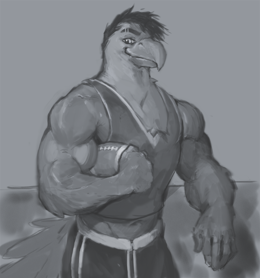 american_football anthro avian bird clothed clothing greyscale hawk julicat looking_at_viewer male monochrome muscular smile solo sport standing