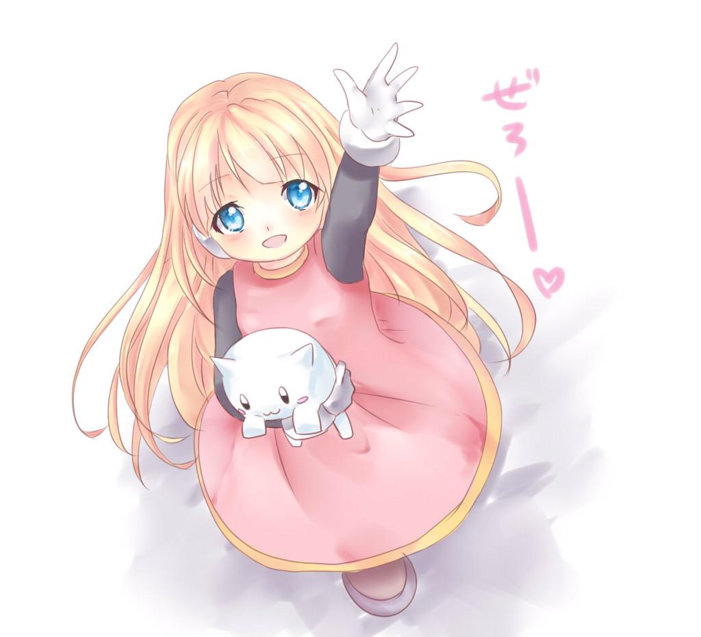 1girl alouette_(rockman_zero) android bangs blonde_hair blue_eyes blush cat child dress eyebrows_visible_through_hair from_above full_body gloves illness1004 long_hair looking_at_viewer pink_dress robot_ears rockman rockman_zero smile solo stuffed_animal stuffed_cat stuffed_toy white_background white_gloves