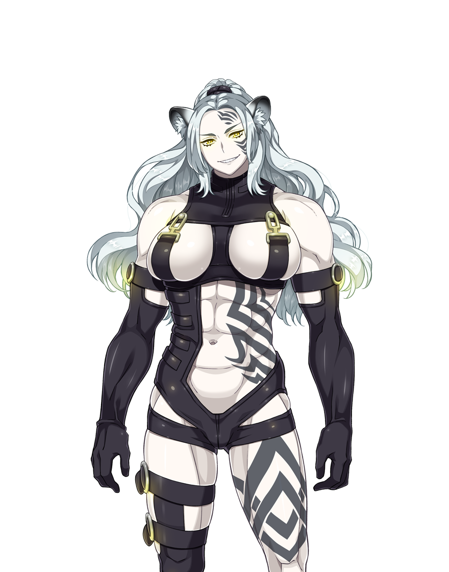 abs animal_ear_fluff animal_ears artist_request bad_id bad_tumblr_id breast_cutout breasts cat_ears cleavage elbow_gloves facial_tattoo game_cg gloves grin large_breasts long_hair maggot_baits muscle muscular_female navel official_art one_side_up pale_skin sandy_the_witch silver_hair smile solo tattoo transparent_background white_hair yellow_eyes