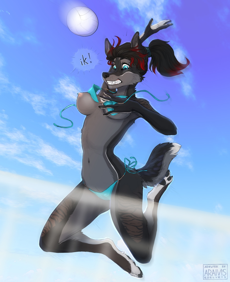 4_toes 5_finger anthro araivis-edelveys barefoot bikini black_hair blue_eyes breasts canine clothing day digitigrade female fur grey_fur hair mammal midriff navel nipples outside pawpads sky solo swimsuit toes wardrobe_malfunction wide_hips wolf