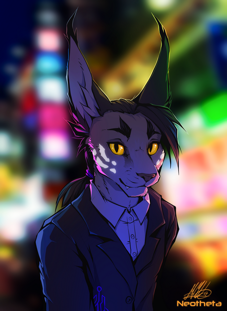 anthro black_hair blurred_background clothed clothing feline hair looking_at_viewer lynx mammal neotheta solo yellow_eyes