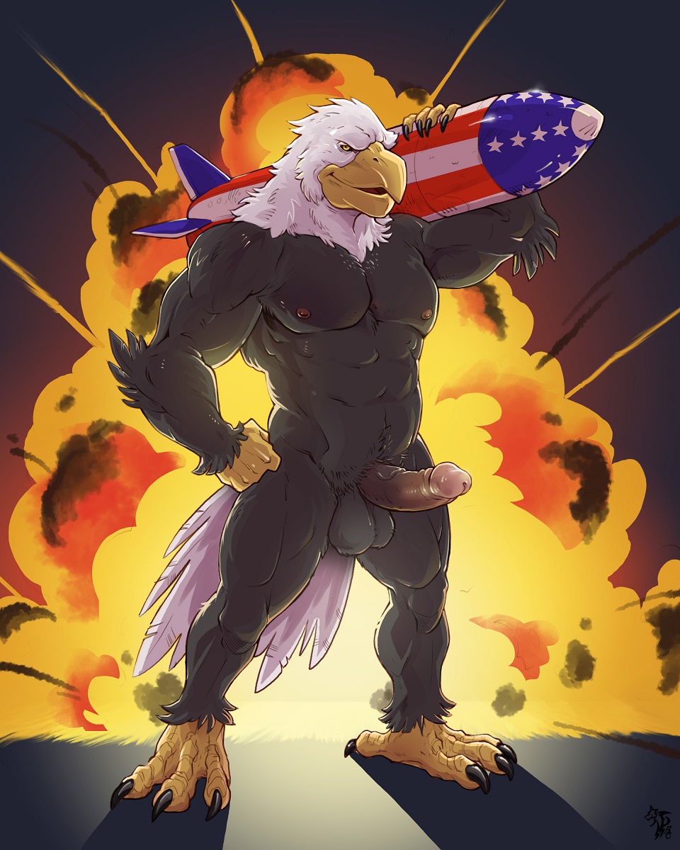 2016 4th_of_july 5_fingers abs anthro armpit_hair athletic avian badcoyote bald_eagle balls beak biceps bird black_feathers claws eagle erection explosion feathers flag fourth_of_july front_view humanoid_penis independence_day male muscular muscular_male nipples nude pecs penis pose retracted_foreskin smile solo standing stars_and_stripes talons toe_claws uncut united_states_of_america vein veiny_penis white_feathers yellow_sclera