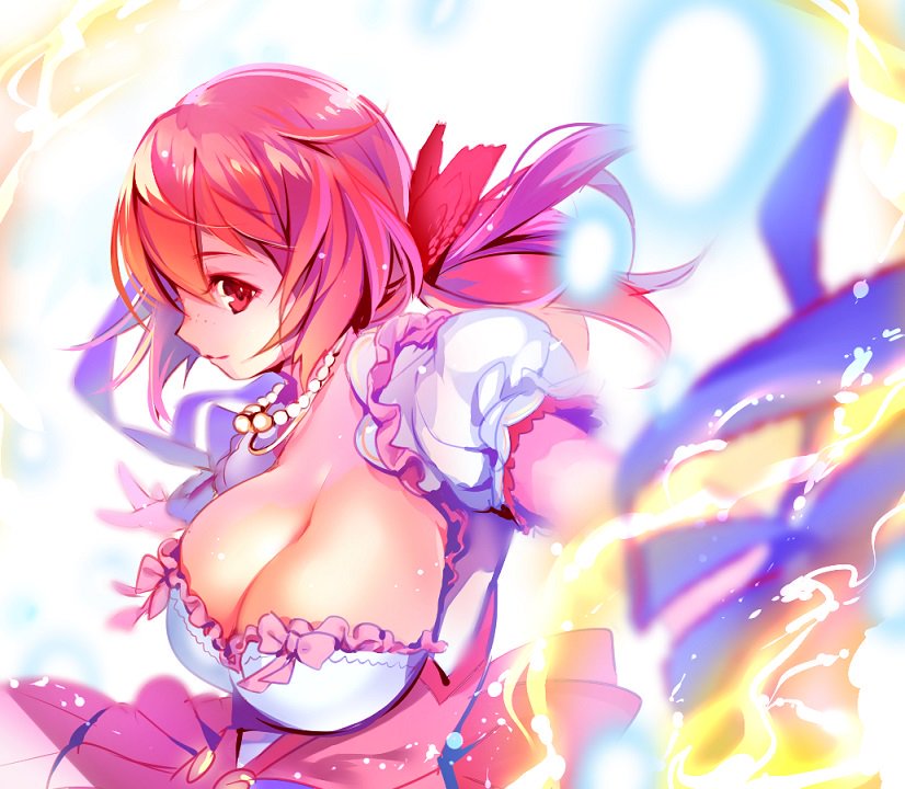 bow breasts cleavage closed_mouth flower_knight_girl huge_breasts jewelry looking_at_viewer magic mg_kurino necklace pink_bow ponytail profile red_eyes red_hair short_hair smile solo strawberry_candle_(flower_knight_girl) upper_body