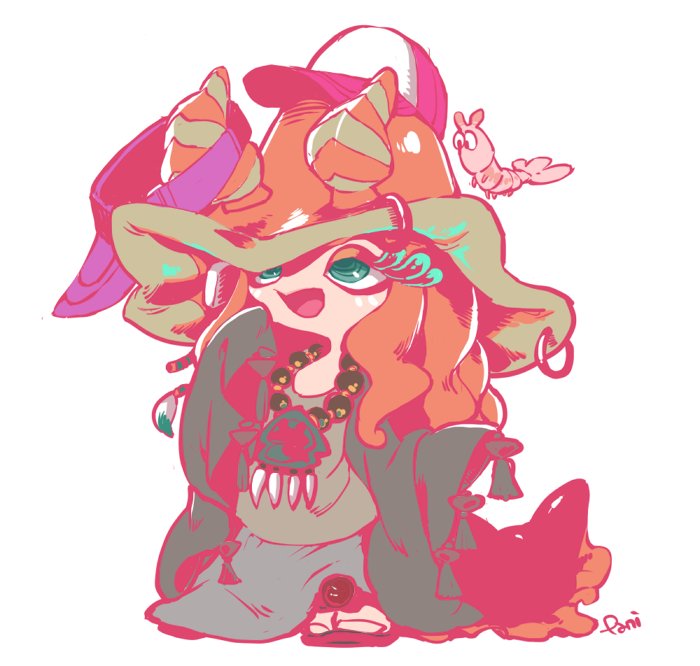 baseball_cap ebii_(splatoon) green_eyes hat long_hair mantis_shrimp miura_(splatoon) pani_spla pink_hair sandals sea_slug simple_background smile splatoon_(series) splatoon_2 white_background