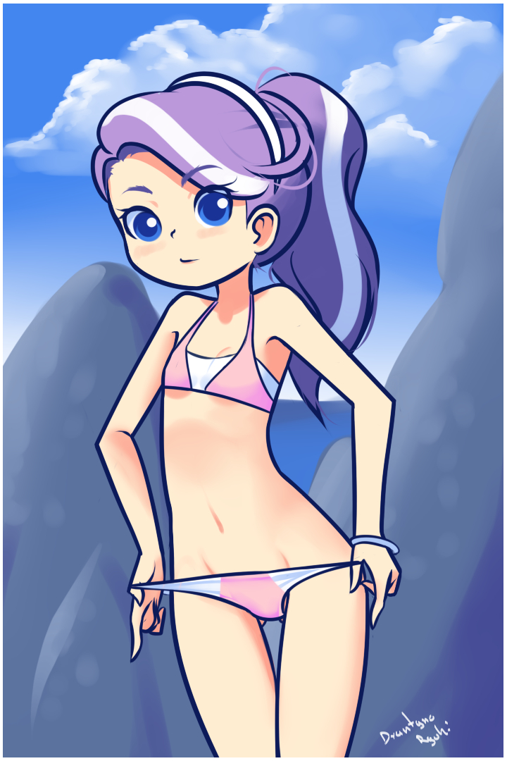 1girl bare_shoulders blue_eyes female long_hair looking_at_viewer navel outdoors petitebikini ponytail purple_hair ryuhi solo standing swimsuit thigh_gap upper_body