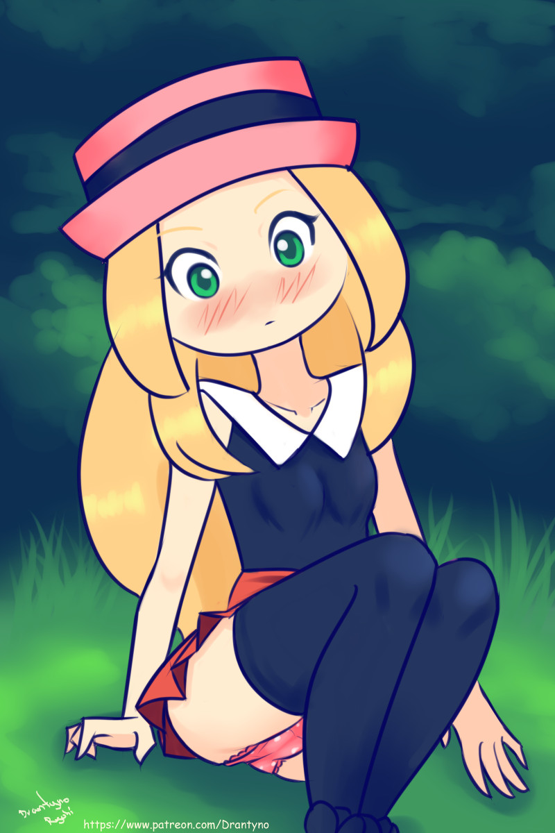 1girl black_legwear blonde_hair blush female green_eyes hat legwear looking_at_viewer panties pink_hat pink_panties pleated_skirt pokemon pokemon_(game) pokemon_xy red_skirt ryuhi serena_(pokemon) sitting solo thighhighs underwear upskirt