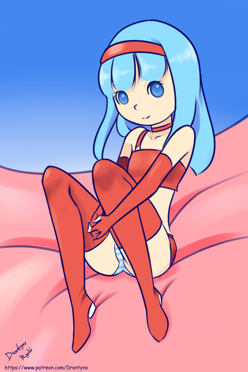 1girl aqua_eyes aqua_hair bare_shoulders boots character_request choker copyright_request elbow_gloves female gloves hairband leaning_back looking_at_viewer panties red_boots red_gloves ryuhi sitting smile solo striped_panties underwear