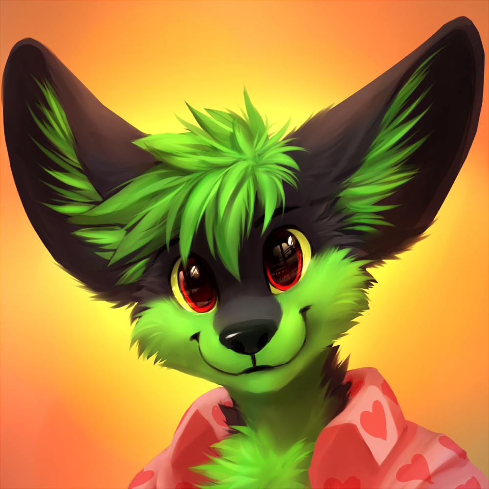 anthro black_fur canine chest_tuft clothed clothing fennec fox front_view fur green_fur inner_ear_fluff looking_at_viewer mammal multicolored_fur red_eyes shirt simple_background smile solo thanshuhai tuft two_tone_fur