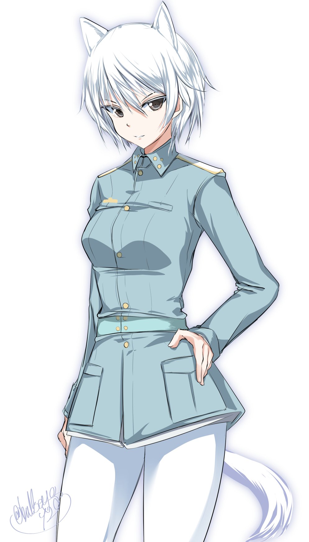 1girl aila_paivikki_linnamaa animal_ears bangs black_eyes blue_jacket bullseye1203 commentary cowboy_shot hand_on_hip highres idol_witches jacket long_sleeves looking_at_viewer military military_uniform no_pants pantyhose short_hair signature simple_background smirk solo standing tail twitter_username uniform v-shaped_eyebrows white_background white_hair world_witches_series