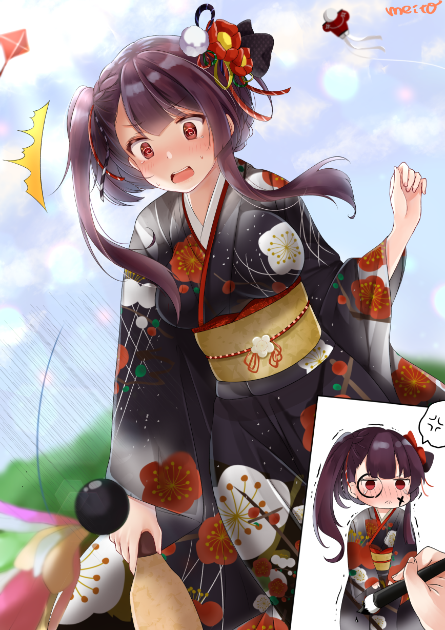 1girl al_bhed_eyes anger_vein bangs black_kimono blue_sky blush breasts cloud day eyebrows_visible_through_hair floral_print flower girls_frontline hagoita hair_flower hair_ornament hair_ribbon highres holding_brush holding_paddle japanese_clothes kimono large_breasts long_hair looking_at_viewer meito_harmren obi one_side_up open_mouth outdoors paddle punishment_game purple_hair red_eyes ribbon sash shuttlecock sidelocks sky spoken_anger_vein surprised sweatdrop trembling very_long_hair wa2000_(girls_frontline)