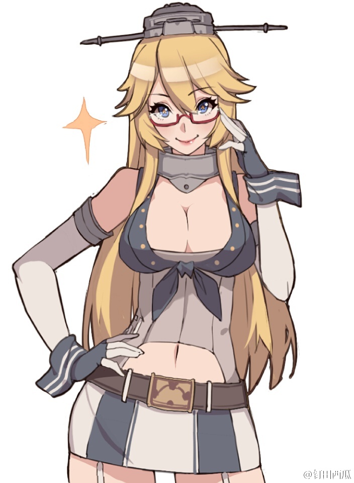 adjusting_eyewear bespectacled blonde_hair blue_eyes breasts cleavage closed_mouth collar cowboy_shot elbow_gloves garter_straps glasses gloves hair_between_eyes hand_on_hip hat iowa_(kantai_collection) kantai_collection kugi_ta_hori_taira large_breasts lips long_hair looking_at_viewer miniskirt navel navel_cutout red-framed_eyewear semi-rimless_eyewear sidelocks simple_background skirt smile solo sparkle star star-shaped_pupils symbol-shaped_pupils under-rim_eyewear white_background wrist_cuffs