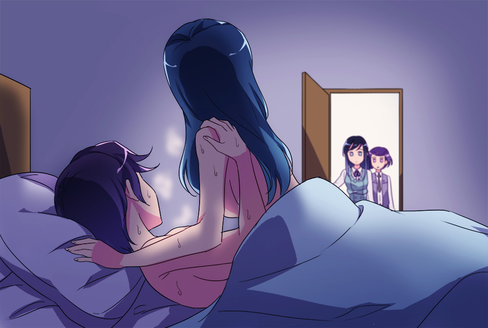 bed blue_hair breasts breath commentary_request convenient_arm davi_(dokidoki!_precure) db_(dokidoki!_precure) dokidoki!_precure door hishikawa_rikka hishikawa_ryouko indoors kenzaki_makoto long_hair looking_at_another lying mature medium_breasts multiple_girls negom nude on_back pillow precure precure_netorare purple_hair short_hair sweat yuri