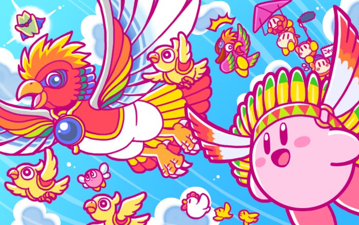 beanie bird birdon_(kirby) blue_sky blush_stickers bow bowtie bronto_burt chick chicken cloud commentary_request copy_ability dyna_blade dyna_chick flying hang_gliding hat headphones kirby kirby_(series) looking_at_another microphone official_art open_mouth pilot_helmet sky smile starman_(kirby) tookey twizzy waddle_dee