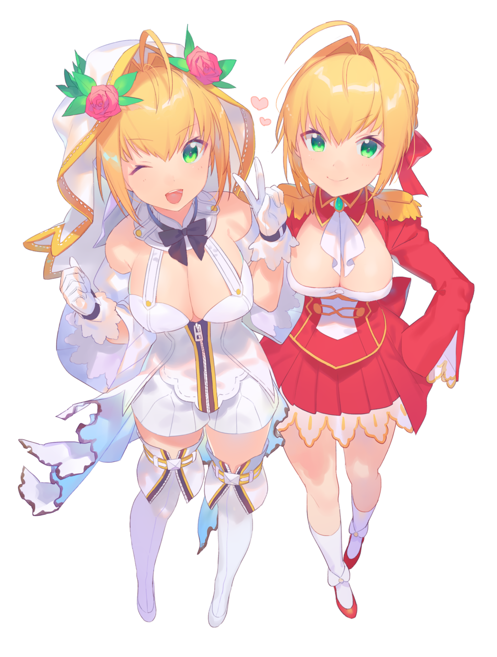 ;d ahoge bad_id bad_pixiv_id blonde_hair blush breasts cleavage eyebrows_visible_through_hair fate/extra fate/extra_ccc fate_(series) gloves green_eyes heart heiwa_(murasiho) highres large_breasts looking_at_viewer multiple_girls nero_claudius_(bride)_(fate) nero_claudius_(fate) nero_claudius_(fate)_(all) one_eye_closed open_mouth smile v white_gloves white_sleeves