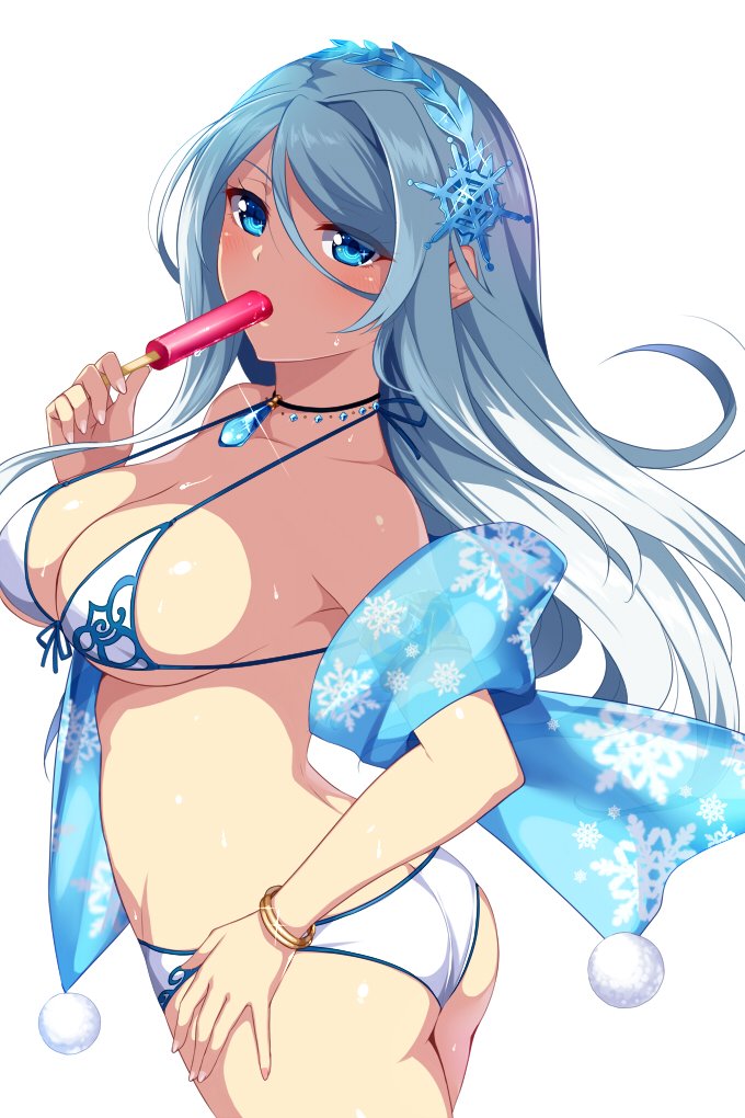 ass bad_id bad_twitter_id bikini bikini_under_clothes blue_eyes bracelet brave_girl_ravens breasts character_request cleavage cowboy_shot food food_in_mouth from_side front-tie_bikini front-tie_top glint hair_between_eyes hairband halterneck hand_on_hip horosuke_(toot08) jewelry long_hair looking_at_viewer looking_back medium_breasts mouth_hold necklace pendant popsicle sideboob silver_hair simple_background solo strap_gap sweat swimsuit white_background white_bikini