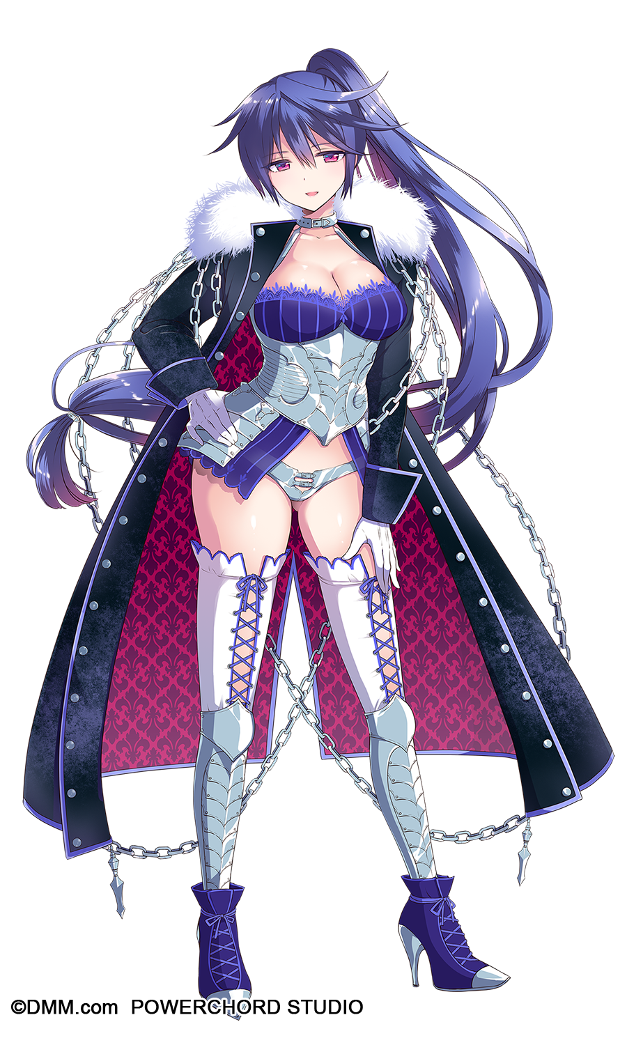 ass_visible_through_thighs bouryuu_no_kirika breasts chain cleavage coat collar drill_senki full_body fur_trim gloves hand_on_hip high_heels highres large_breasts long_hair looking_at_viewer mozuya_murasaki purple_hair red_eyes side_ponytail smile solo transparent_background very_long_hair white_gloves