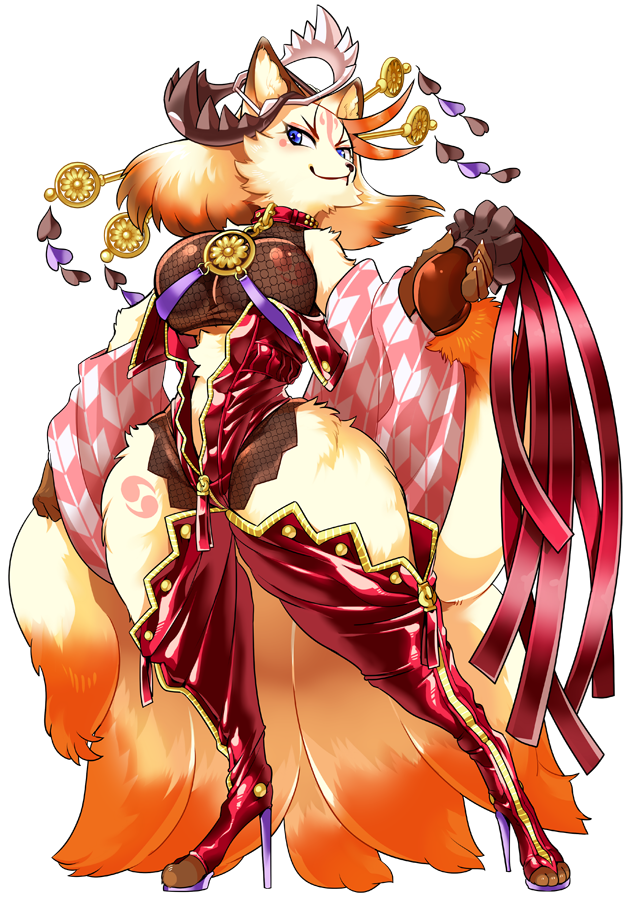 1boshi armwear boots breasts canine clothed clothing collar detached_sleeves digitigrade female fishnet footwear fox hair_ornament hakumen high_heels legwear mammal shoes skimpy thigh_high_boots tokyo_afterschool_summoners tuft whip wide_hips