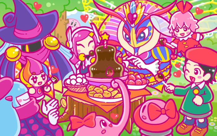 adeleine banana bee beret black_hair blue_eyes blue_hair blush_stickers bouncy_(kirby) bow bug check_commentary chocolate_fountain chuchu_(kirby) claycia commentary_request drawcia drooling eating elline_(kirby) food fruit gloves grey_skirt hat heart insect kirby kirby_(series) marshmallow multicolored_hair multiple_girls official_art peeking_out pink_hair queen_sectonia ribbon_(kirby) short_hair skirt smock star_rod strawberry streaked_hair susie_(kirby) tree valentine witch_hat