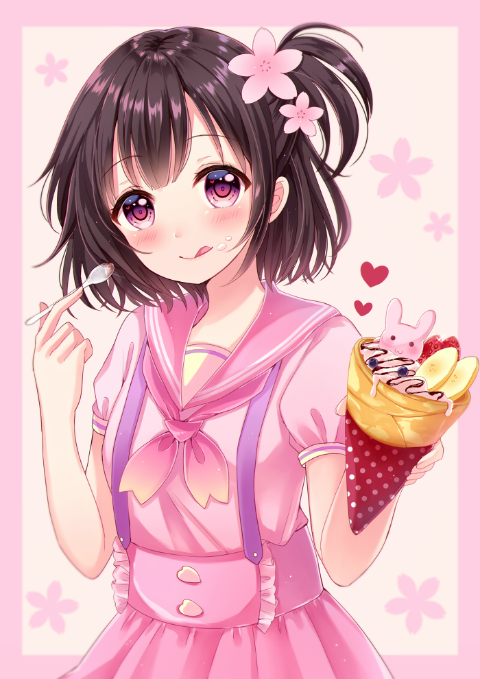 :3 bangs blouse blush bob_cut bunny closed_mouth commentary_request crepe flower food food_on_face food_wrapper fruit hair_flower hair_ornament heat high-waist_skirt holding holding_spoon licking_lips looking_at_viewer neckerchief one_side_up original pink_background pink_blouse pink_eyes pink_flower pink_neckwear pink_sailor_collar pink_serafuku pink_skirt polka_dot puffy_short_sleeves puffy_sleeves sailor_collar sakura_hiyori school_uniform serafuku shiny shiny_hair short_hair short_sleeves skirt solo spoon strawberry suspender_skirt suspenders tongue tongue_out upper_body