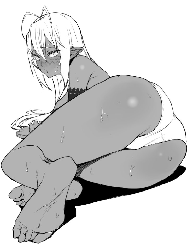 1girl ass bare_legs barefoot blush breasts dark_skin ear_blush feet foreshortening full_body greyscale hair_between_eyes large_breasts long_hair looking_at_viewer lying monochrome obmas_(pfeito) on_side panties pointy_ears sansei_muramasa simple_background soles solo soukou_akki_muramasa sweat topless underwear underwear_only white_background