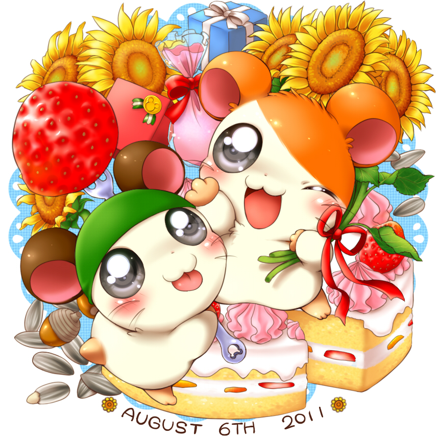 acorn blush brown_fur cake cappy feral flower food frosting fruit fur gift hamster hamtaro hamtaro_(series) hat mammal nut one_eye_closed open_mouth orange_fur plant rodent seed simple_background strawberry sunflower tongue tongue_out whiskers white_background white_fur wink アイミ