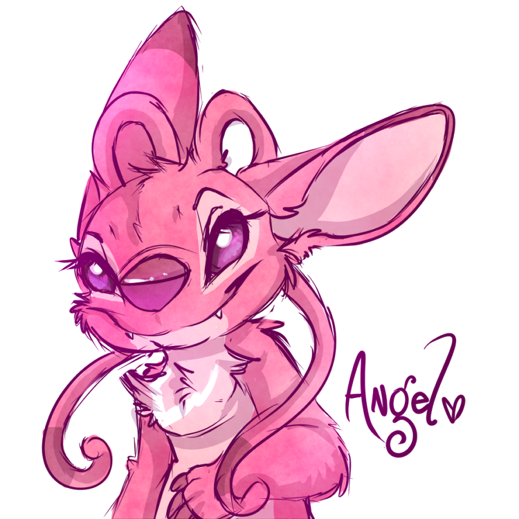 &lt;3 2016 4_fingers alien angel_(lilo_and_stitch) antennae autograph breast_markings cheek_tuft chest_tuft claws digital_drawing_(artwork) digital_media_(artwork) disney elbow_tufts experiment_(species) eyelashes fangs female fluffy fur head_tuft lilo_and_stitch markings pink_fur purple_claws purple_eyes purple_nose simple_background smile solo theblackvixen tuft white_background