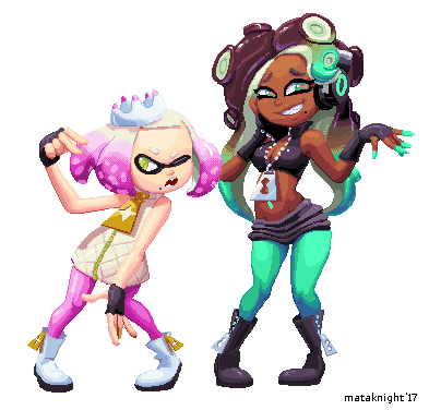 2017 alpha_channel bare_shoulders beauty_mark boots cephalopod clothing crown dark_skin digital_media_(artwork) duo female fingerless_gloves footwear gloves green_eyes grin hair headphones humanoid inkling jacket long_hair low_res marina_(splatoon) marine mask mataknight navel nintendo octoling octopus one_eye_closed open_mouth outta_sync pearl_(splatoon) pixel_(artwork) pose short_hair smile splatoon squid tentacle_hair tentacles video_games yellow_eyes