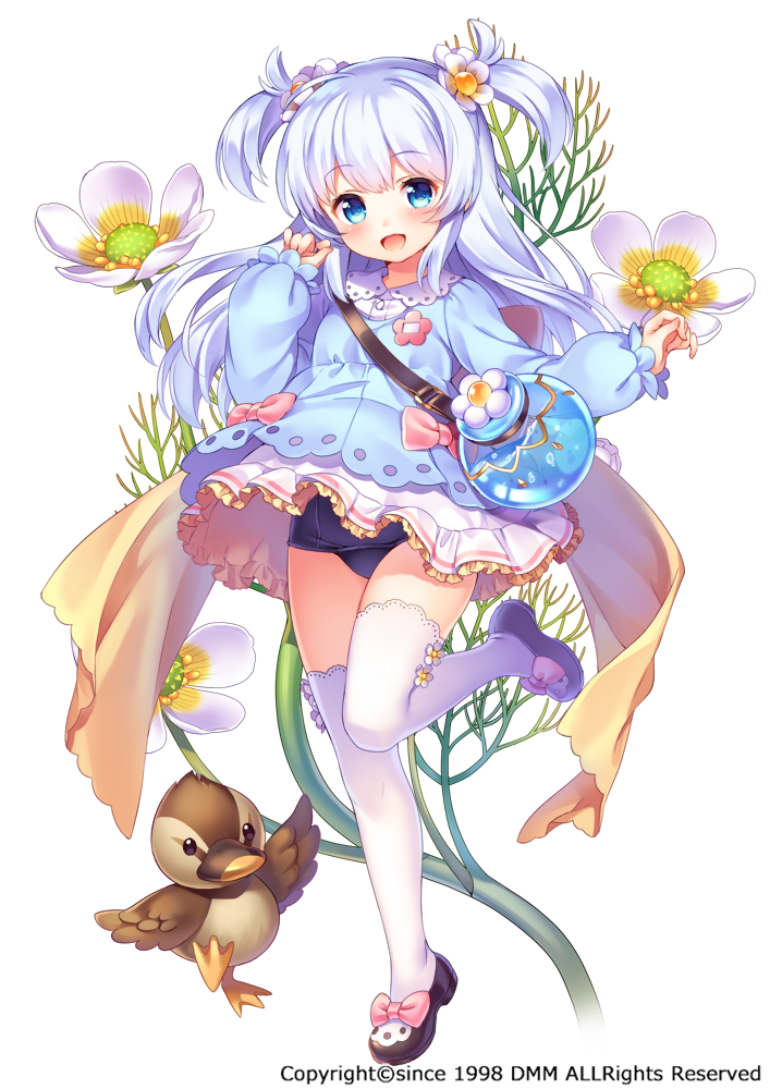 :d baikamo_(flower_knight_girl) bird black_footwear blue_eyes blue_hair blue_shirt blue_skirt bow flower flower_knight_girl full_body hair_flower hair_ornament jug kindergarten_uniform long_hair looking_at_viewer object_namesake official_art old_school_swimsuit open_mouth pink_bow school_swimsuit shirt shoes shouni_(sato3) skirt smile solo standing standing_on_one_leg swimsuit swimsuit_under_clothes thighhighs two_side_up white_background white_legwear