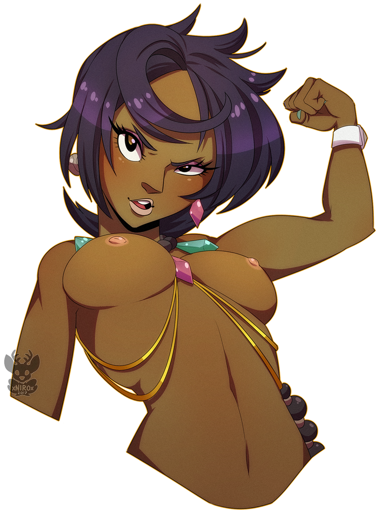 2017 arm_up artist_logo artist_name bare_arms bead_necklace beads black_eyes blush bracelet breasts clenched_hand cropped_arms cropped_torso dark_skin dated earrings elite_four eyelashes eyeliner fingernails half-closed_eye island_kahuna jewelry lips lipstick looking_at_viewer lychee_(pokemon) makeup medium_breasts nail_polish navel neck_ring necklace nipples nude open_mouth pink_lipstick pokemon pokemon_(game) pokemon_sm purple_hair short_hair smile solo stomach transparent_background upper_body upper_teeth watermark xnirox