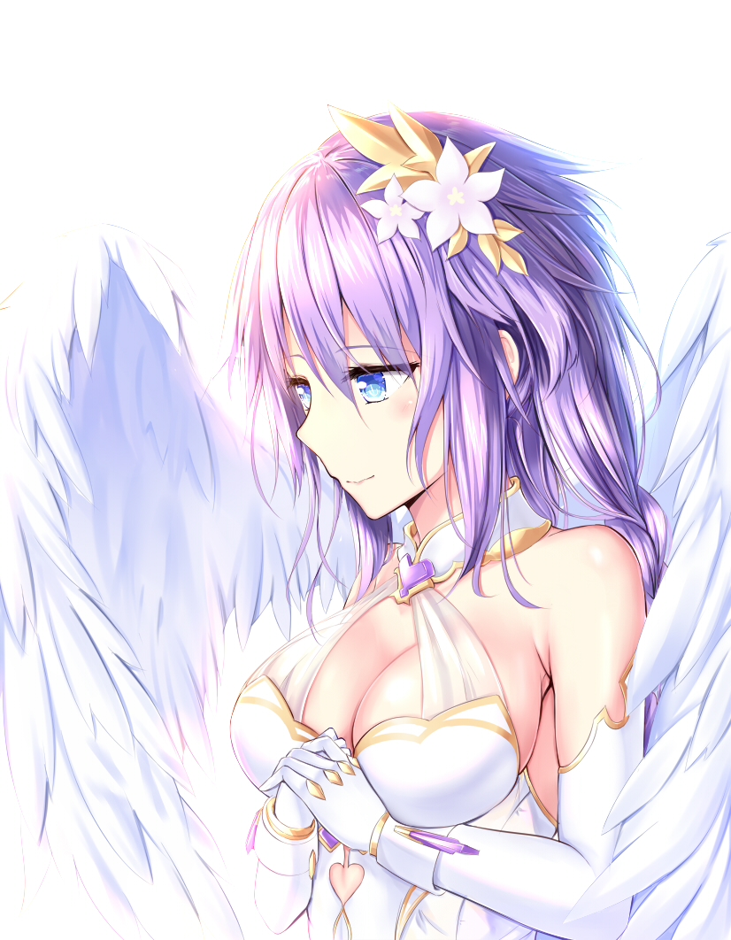 1girl bare_shoulders blue_eyes blush braid breasts cleavage dress elbow_gloves feathered_wings flower four_goddesses_online:_cyber_dimension_neptune gloves hair_between_eyes hair_flower hair_ornament hands_clasped long_hair looking_down looking_to_the_side medium_breasts muwa12 neptune_(series) own_hands_together power_symbol purple_hair purple_heart simple_background smile solo symbol-shaped_pupils twin_braids twintails upper_body very_long_hair white_background white_dress white_gloves white_wings wings