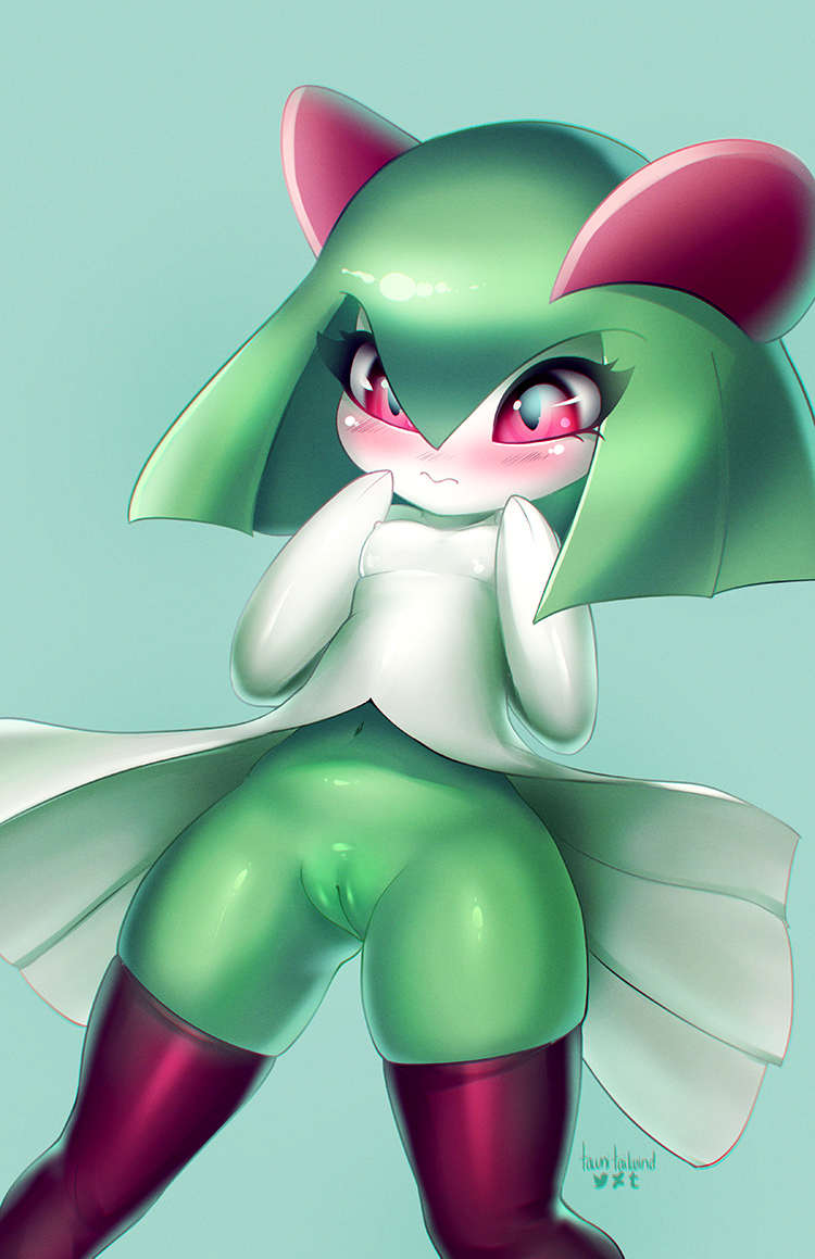 2017 anthro blush breasts digital_media_(artwork) female hair hi_res humanoid kirlia looking_at_viewer mammal nintendo nipples nude pok&eacute;mon pussy red_eyes simple_background smile solo tawni_tailwind video_games wide_hips young