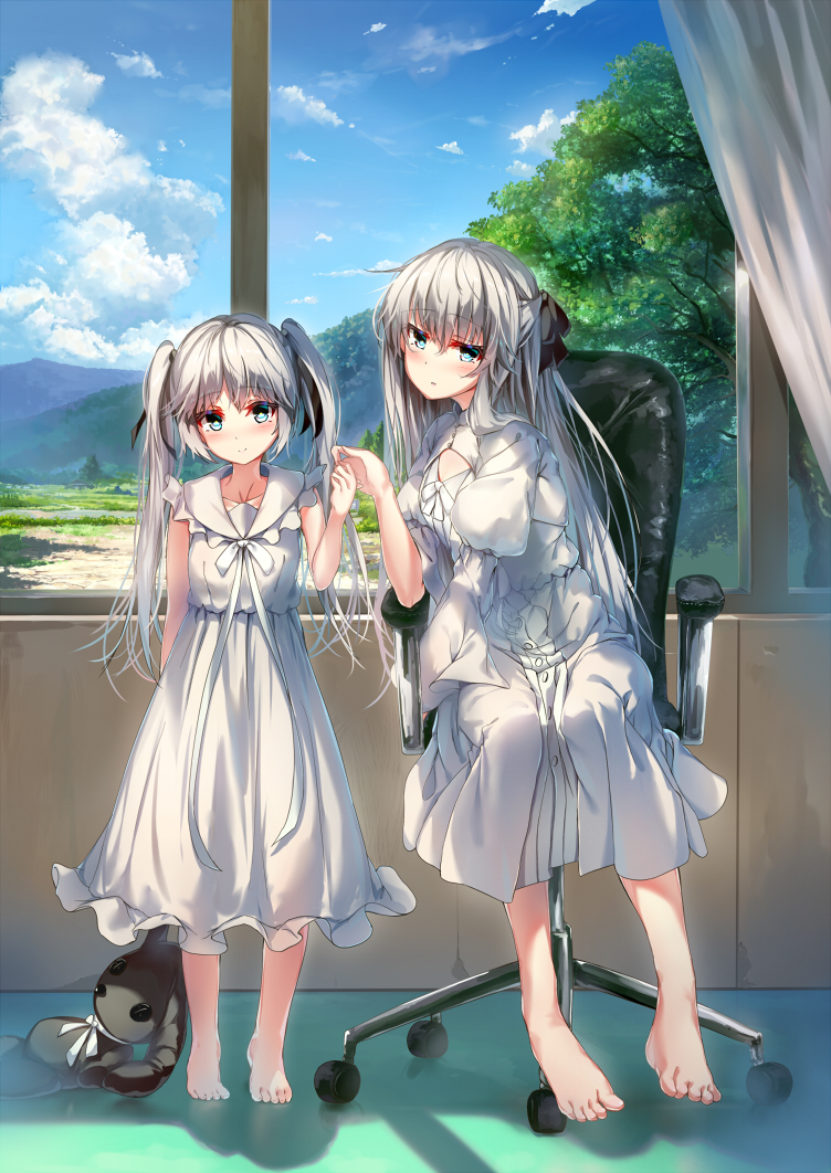 2girls aqua_eyes bangs bare_arms bare_shoulders barefoot black_ribbon blue_sky blush buttons chair closed_mouth cloud cloudy_sky collarbone collared_dress commentary_request day dress eyebrows_visible_through_hair frilled_dress frills full_body hair_between_eyes hair_ribbon half_updo hand_holding hand_up head_tilt indoors juliet_sleeves kasugano_sora long_dress long_hair long_sleeves looking_at_viewer mountain multiple_girls office_chair puffy_sleeves ribbon sidelocks silver_hair sitting sky sleeveless sleeveless_dress smile standing stuffed_animal stuffed_bunny stuffed_toy tree twintails white_dress white_ribbon wingheart yosuga_no_sora