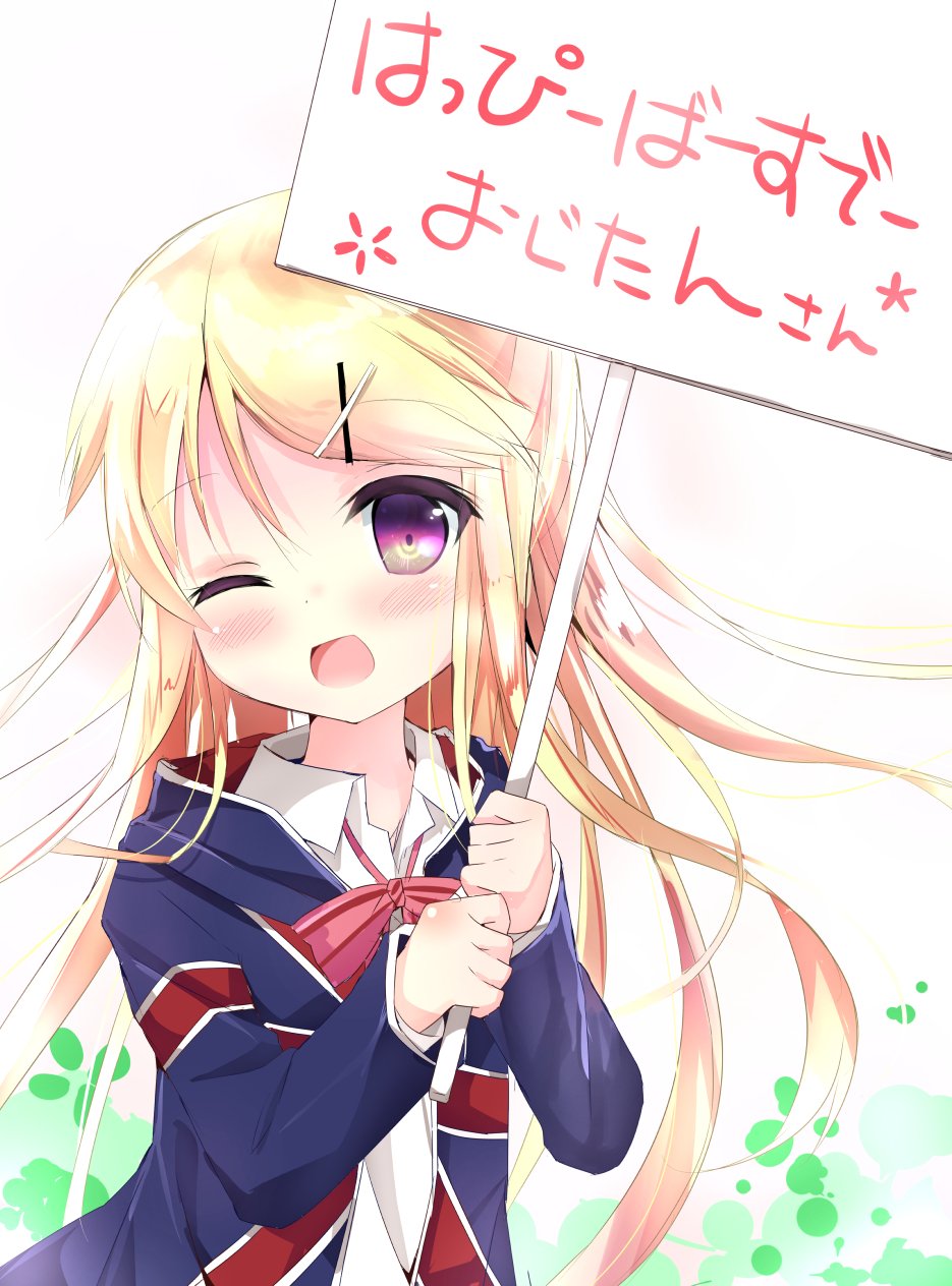 ;d bangs blonde_hair blush bow bowtie check_commentary collared_shirt commentary commentary_request eyebrows_visible_through_hair flag_print hair_ornament hairclip happy_birthday highres holding holding_sign jacket kin-iro_mosaic kouda_suzu kujou_karen long_hair long_sleeves looking_at_viewer one_eye_closed open_mouth pink_bow pink_neckwear print_jacket purple_eyes school_uniform shirt sign smile solo striped striped_bow striped_neckwear swept_bangs translated two-tone_background union_jack upper_body wing_collar x_hair_ornament