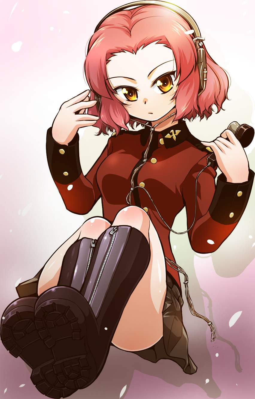 bangs black_footwear black_skirt boots brown_eyes closed_mouth epaulettes foreshortening full_body girls_und_panzer headphones highres holding holding_microphone jacket knee_boots long_sleeves looking_at_viewer microphone military military_uniform miniskirt parted_bangs pleated_skirt r-ex red_hair red_jacket rosehip short_hair sitting skirt solo st._gloriana's_military_uniform uniform zipper