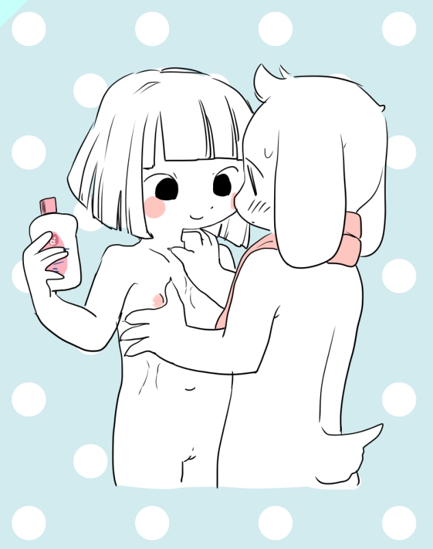 anthro asriel_dreemurr caprine casual_nudity chara_(undertale) child cub duo female fur goat human human_on_anthro interspecies male male/female mammal nipples nude pussy semi sun_lotion towel undertale video_games white_fur young