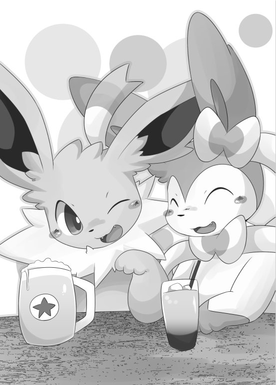 beverage blush bow_tie canine cup eeveelution ice itameshi jolteon mammal monochrome nintendo pok&eacute;mon simple_background slyveon video_games