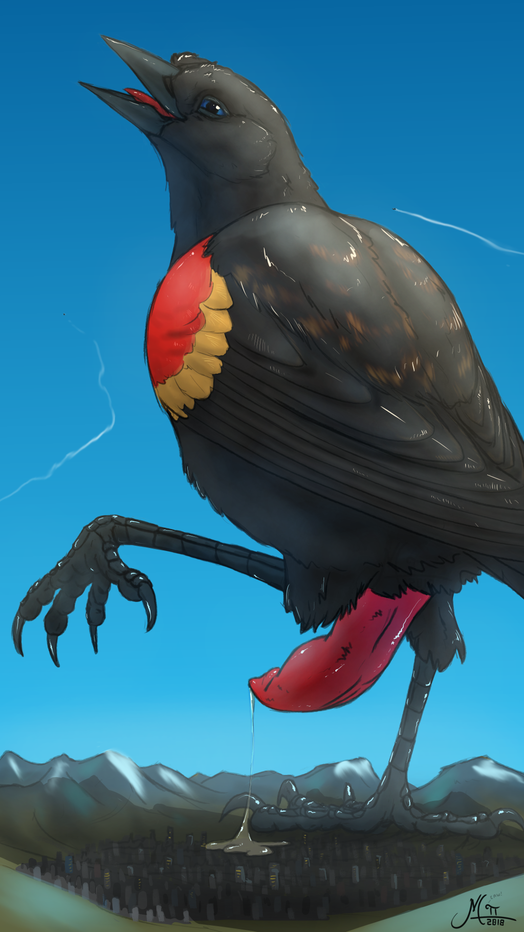 2018 4_toes aircraft airplane animal_genitalia animal_penis anisodactyl avian beak biped bird bird_feet black_claws black_feathers black_wings blue_eyes building city claws cloaca cloud digital_drawing_(artwork) digital_media_(artwork) erection excessive_precum feathers feral folded_wings grey_beak icterid looking_at_viewer looking_back low-angle_view macro magpi male mountain multicolored_feathers multicolored_wings new_world_blackbird open_beak open_mouth open_smile penis precum precum_drip raised_leg red-winged_blackbird red_feathers red_penis red_tongue red_wings sky smile solo talons toe_claws toes wings yellow_feathers yellow_wings