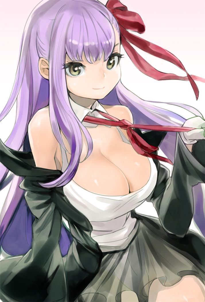 bangs bare_shoulders bb_(fate)_(all) bb_(fate/extra_ccc) black_jacket black_skirt breasts brown_eyes cleavage closed_mouth commentary_request detached_collar dytm eyelashes fate/extra fate/extra_ccc fate_(series) gloves hair_ribbon huge_breasts jacket long_hair long_sleeves off_shoulder purple_hair red_ribbon ribbon shirt simple_background skirt smile solo very_long_hair white_gloves white_shirt wide_sleeves