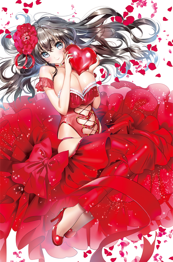 bangs bare_shoulders blue_eyes breasts brown_hair cleavage closed_mouth collar commentary_request dress eyebrows_visible_through_hair floating_hair flower full_body hair_between_eyes hair_flower hair_ornament heart_cutout high_heels holding_heart kanojo_(ogino_atsuki) large_breasts legs legs_together leotard long_hair looking_at_viewer lying ogino_atsuki on_side original petals red red_dress red_flower red_leotard revealing_clothes smile solo wavy_hair