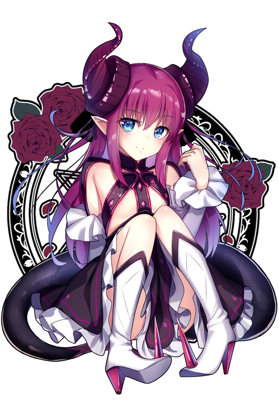 1girl black_dress blue_eyes boots bow commentary_request curled_horns detached_sleeves dragon_girl dragon_horns dragon_tail dress elizabeth_bathory_(fate) elizabeth_bathory_(fate)_(all) eyebrows_visible_through_hair fate/extra fate/extra_ccc fate_(series) floating_hair flower frills hair_bow high_heel_boots high_heels highres horns knee_boots long_hair pink_hair pointy_ears purple_bow rose sitting smile solo tail two_side_up white_footwear yan_(nicknikg)