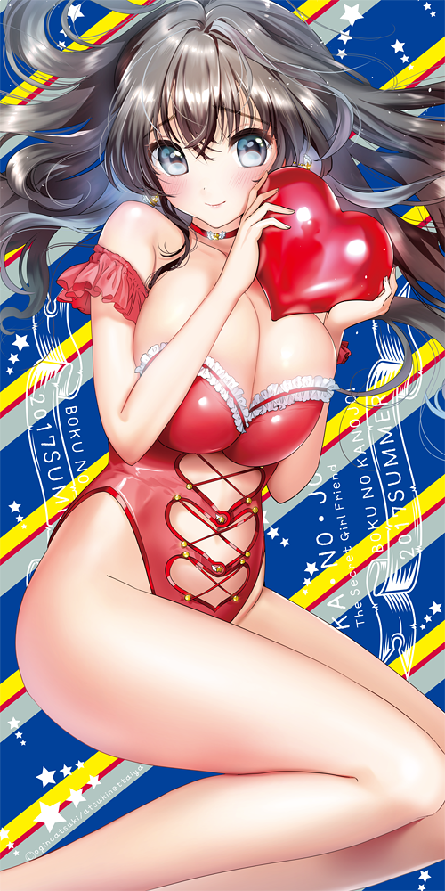 bangs bare_shoulders blue_eyes breasts brown_hair cleavage closed_mouth collar eyebrows_visible_through_hair floating_hair flower hair_between_eyes heart heart_cutout holding holding_heart kanojo_(ogino_atsuki) large_breasts legs legs_together leotard long_hair looking_at_viewer ogino_atsuki original red_leotard revealing_clothes smile solo thighs wavy_hair